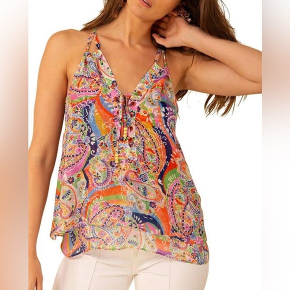HALE BOB Colorful Paisley Print Spaghetti Strap Vivienne Boho Blouse |S| - Picture 1 of 10